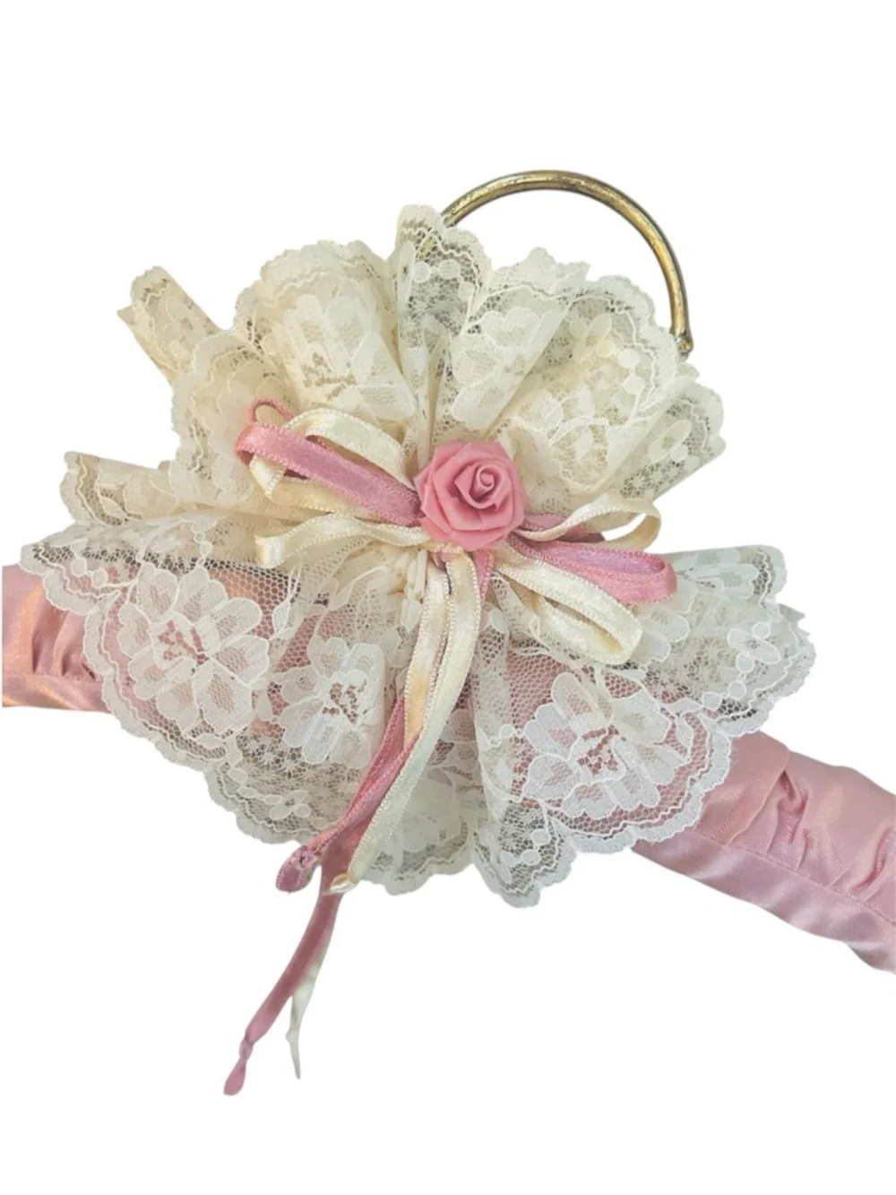 Vintage 70s Ornate Pink Satin Lace Padded Hangers Set of 2 Coquette Regency
